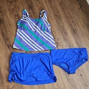 Lands End Plus Striped Tankini,  Bottoms, and Skirted Bottom 3 Pc Set EUC 🏖🏝